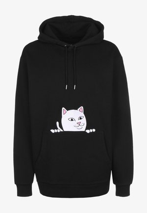 Black hoodie with a front pocket featuring a white cartoon cat peeking over the pocket edge with a playful expression.