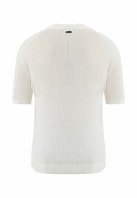 Maglione corto a maniche corte di colore bianco, caratterizzato da un motivo a trama aperta e testurizzata, con scollatura rotonda. Design minimalista senza loghi visibili.