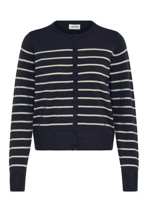 Marineblå cardigan med kremfarvede vandrette striber, ribbet tekstur, rund halsudskæring og knaplukning foran. Lange ærmer med ribbede manchetter.