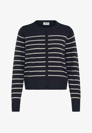 Marineblauwe cardigan met crème horizontale strepen, geribbelde textuur, ronde halslijn en knoopsluiting aan de voorkant. Lange mouwen met geribbelde manchetten.