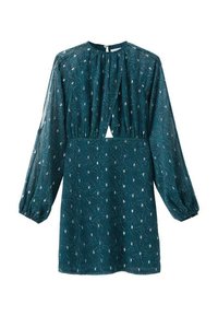 Tealtryckt klänning med långa ballongsärmar, en nyckelhålöppning vid halsen och resårmidja. Har ett subtilt blommönster.