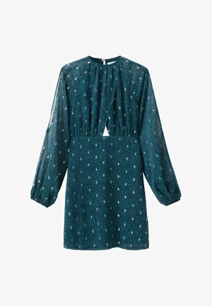 Turska haljina u tirkiznoj boji s dugim balon rukavima, otvorom u obliku ključanice na vratu i elastičnim pojasom. Sadrži suptilan cvjetni uzorak.