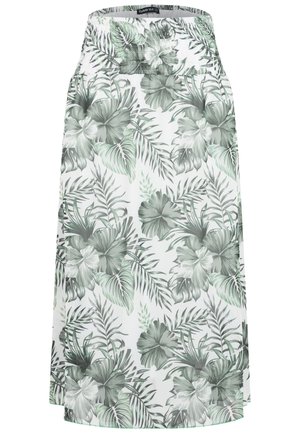 Jupe midi blanche taille haute, avec un motif floral et feuillage tropical vert et gris.