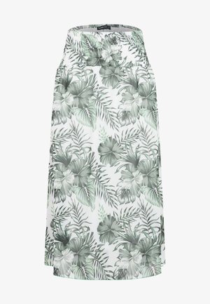 Jupe midi blanche taille haute, avec un motif floral et feuillage tropical vert et gris.