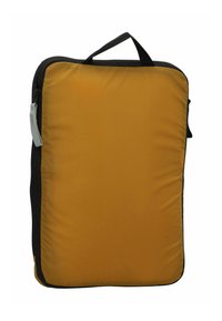 Borsa rettangolare gialla con una trama liscia, zip nera e manico. Presenta un design semplice senza loghi o pattern visibili.