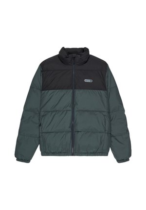 Zweifarbige Steppjacke mit schwarzem Oberteil und dunkelgrünem Unterteil, Frontreißverschluss, elastischen Bündchen und Logo-Patch auf der Brust.