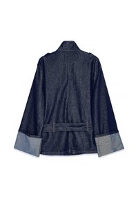 Denim jacket in dark blue with wide sleeves and light blue contrasting cuffs. Features a collar and a belt detail at the back.