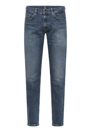 Vaqueros slim-fit azules con botón frontal y cremallera, diseño de cinco bolsillos y ligera decoloración en los muslos y las rodillas.