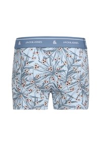 Boxer shorts pour hommes en bleu clair, ornés d'un motif floral avec des accents rouges. Fabriqués à partir d'un tissu doux, avec une ceinture élastique bleue.