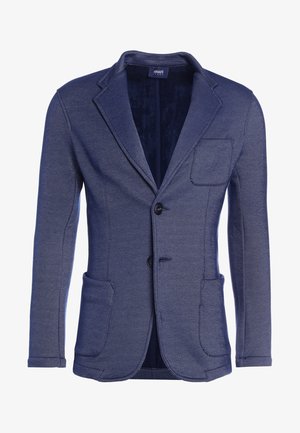 Blazer texturé bleu marine pour homme avec revers crantés, deux poches plaquées devant, une poche poitrine et deux boutons, étiquette Armani Jeans à l'intérieur du col.