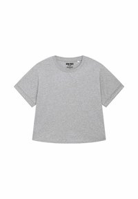 T-shirt grigio a maniche corte con scollatura rotonda, esposto piatto su uno sfondo bianco. Presenta un'etichetta del marchio visibile all'interno della scollatura.