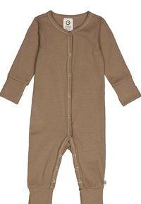 Tutina marrone a maniche lunghe realizzata in tessuto morbido, caratterizzata da una chiusura con bottoni a pressione frontale e polsini a coste. Design semplice e senza cuciture con scollatura rotonda.