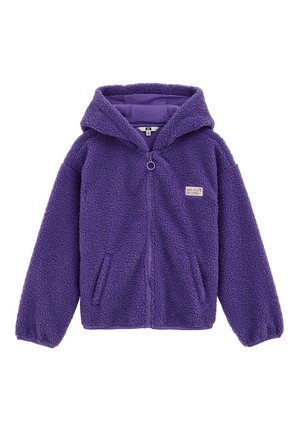 Jachetă din fleece violet, cu fermoar complet și glugă, două buzunare frontale și un mic patch pe piept care spune "Lucruri bune vin."