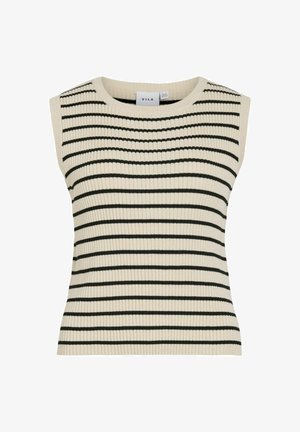 Varrukateta soonikuga kootud topp mustade horisontaalsete triipudega beežil taustal, ümar kaelus ja istuv lõige.