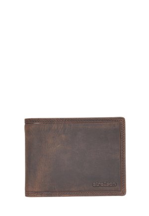 Brown leather bifold wallet with visible stitching and embossed brand name "strellson" on front lower right corner.