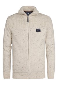 Beżowy sweter rozpinany na suwak, dziany, z plamkowanym wzorem, z prążkowanym kołnierzem, mankietami i dołem, z małą ciemną naszywką logo "Petrol Ind" na piersi.