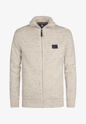 Pull en tricot beige zippé sur toute la longueur avec un motif marbré, col, poignets et ourlet côtelés, avec un petit patch logo "Petrol Ind" noir sur la poitrine.