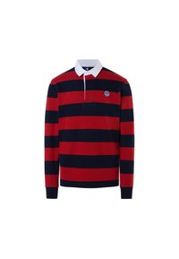 Rood en marineblauw gestreepte langemouw polo shirt, met een witte kraag en een borstzak met een cirkelvormig logo. Zacht katoenen materiaal.