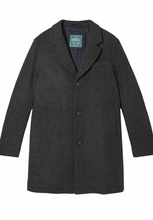 Dunkelgrauer Wollmischmantel mit Reverskragen, vorderem Knopfverschluss und zwei Seitentaschen. Fischgrätstruktur. Etikett innen sichtbar.