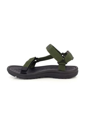 Sandale avec des sangles en tissu vert et une semelle en caoutchouc noir, avec des sangles ajustables et un coussin de pied texturé, conçue pour le confort et le soutien.