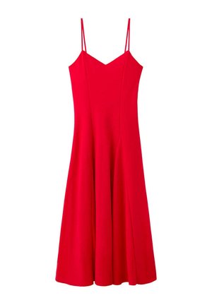 Vestido midi rojo sin mangas con tirantes finos y un corsé ajustado que se abre en una falda de línea A.