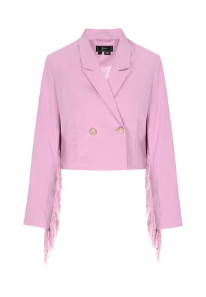 Afskåret lyserød blazer i letvægtsstof med dobbeltradet design, guldknapper og frynsede detaljer på ærmerne.