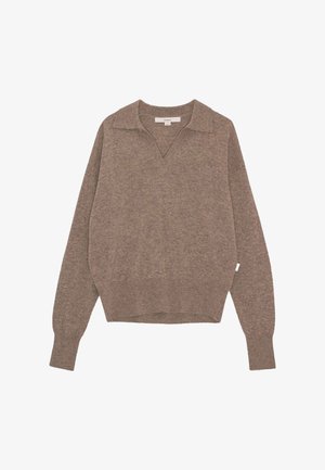 Brown, knitted sweater with a v-neck, long sleeves, and a relaxed fit. Features a collar and a small label at the hem. Soft texture.