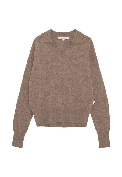 Brown, knitted sweater with a v-neck, long sleeves, and a relaxed fit. Features a collar and a small label at the hem. Soft texture.