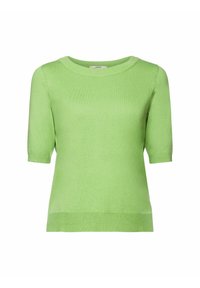 Haut en maille vert clair à manches courtes avec encolure ronde et ourlet côtelé, présenté sur un fond blanc uni.