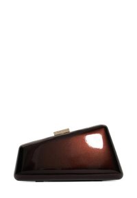 Angular clutch bag made of glossy dark brown material with metallic clasp adorned with small crystals. Smooth texture and sleek design.
