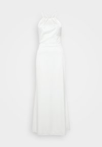 White sleeveless midi dress with a halter neck, smooth satin material, fitted bodice, and a flowing skirt. No visible patterns or accents.