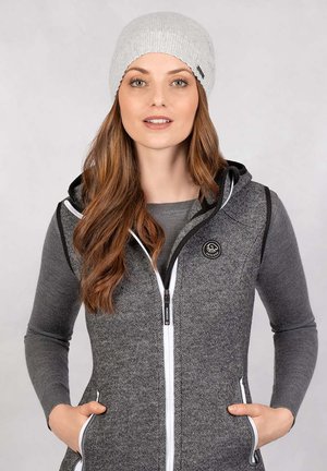 Gray zip-up vest with a hood, featuring striped texture, black accents, and side pockets. Accompanied by a light gray knit beanie.