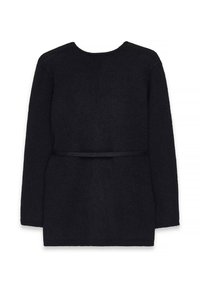 Top nero a maniche lunghe realizzato in tessuto texturizzato. Presenta un colletto rotondo e un dettaglio con cintura in vita sul retro. Design semplice e moderno.