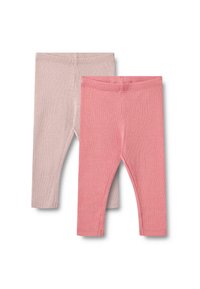 Deux paires de leggings : une rose pâle et une corail. Fabriquées en tissu doux et extensible avec une texture côtelée et des tailles élastiquées.