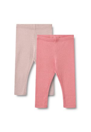 Zwei Paar Leggings: eines in zartem Pink und eines in Koralle. Hergestellt aus weichem, dehnbarem Material mit gerippter Textur und elastischem Bund.