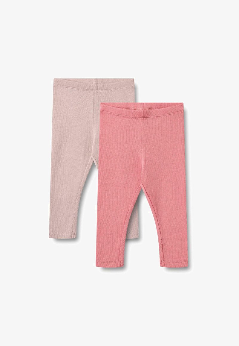Dve pare leginsov: ene svetlo roza in ene koralne. Narejene iz mehkega, raztegljivega blaga z ribasto teksturo in elastičnimi pasovi.