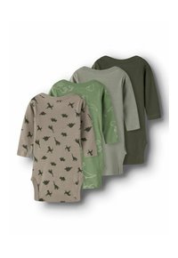 Tre body in cotone a maniche lunghe, in tonalità di verde e marrone. Uno presenta stampe di dinosauri, mentre gli altri sono in colori solidi.