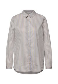 Koszula na guziki w paski w jasnoniebieskim i kremowym kolorze, z klasycznym kołnierzykiem, długimi rękawami i lekko zaokrąglonym dołem. Miękka faktura tkaniny.