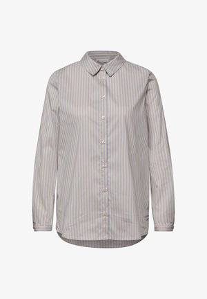 Camicia a righe con bottoni in azzurro chiaro e crema, con colletto classico, maniche lunghe e orlo leggermente curvo. Tessuto dalla consistenza morbida.