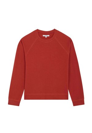 Rostfarbener Sweatshirt mit langen Raglanärmeln, rundem Halsausschnitt, gerippten Bündchen und geripptem Saum. Hergestellt aus weichem, strukturiertem Stoff.