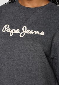 Felpa grigia con logo ricamato color crema "Pepe Jeans" sul davanti, dotata di collo a giro e tessuto testurizzato.
