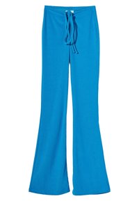 Blue, flared sweatpants with a drawstring waist, smooth texture, and two side pockets. Simple design with no visible patterns or accents.
