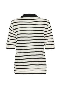 Zwart-wit gestreepte gebreide top met korte mouwen en een ronde halslijn, met contrasterende zwarte accenten bij de kraag en de zoom.