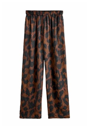 Leopardenmuster weit geschnittene Hose aus strukturiertem Stoff, mit einem schwarzen Hintergrund und braunen sowie dunkelbraunen Mustern und einem elastischen Bund.
