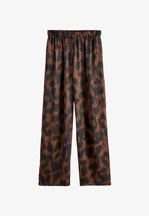 Leopárdmintás, bő szárú nadrág texturált anyagból, fekete háttérrel, barna és sötétbarna mintákkal, rugalmas derékkal.