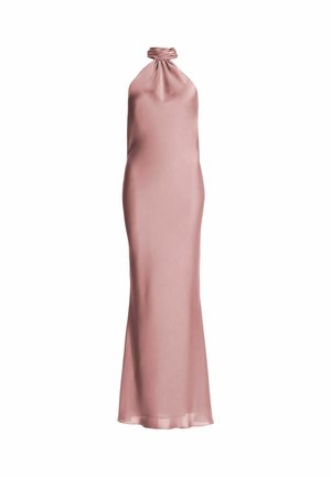 Abendkleid mit Neckholder in zartem rosa Satin. Eng anliegende Silhouette mit einem fließenden Rock und gerafftem Halsdetail. Durchgehend glatte Textur.