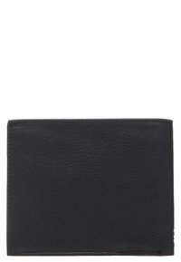 Black leather wallet with a smooth texture, bi-fold design, and stitched edges. Features a simple, classic rectangular shape.