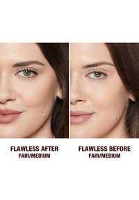 Side-by-side comparison of skin before and after makeup application, highlighting improvements in tone and texture. Labels indicate "Flawless After" and "Flawless Before."