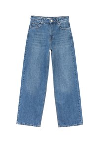 Vaaleansiniset leveälahkeiset farkut, jotka on valmistettu denimistä. Ominaisuuksiin kuuluu nappi- ja vetoketjusuljenta, etutaskut ja suorat helmat. Kankaan pinta on nukkaista, ja siinä on haalistuneita kohtia.