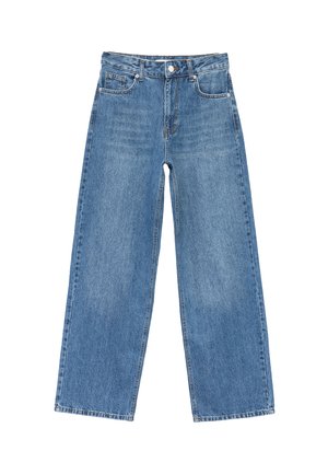 Lichtblauwe wijde jeans gemaakt van denim. Voorzien van een knoop- en ritssluiting, voorzakken en rechte hemden. Gestructureerde stof met vervaagde gebieden.